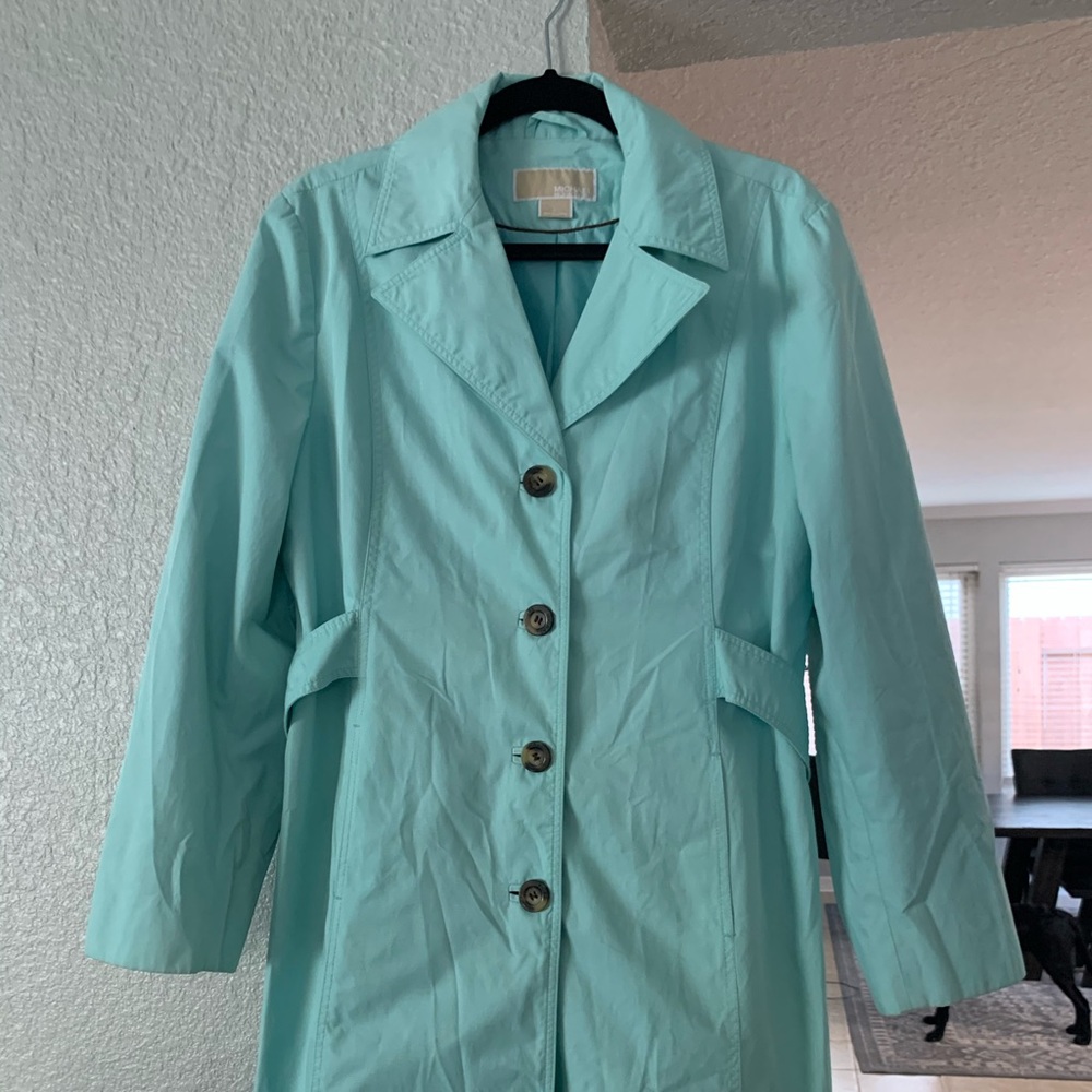 Michael Kors Tiffany Blue Long Trench Coat Sz Lg